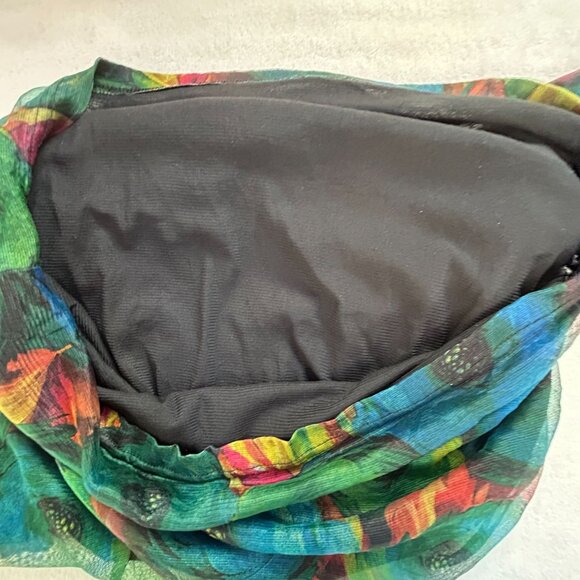 Women's Blue Green Floral Print Turtleneck Long Sleeve Mesh Top Casual - Picture 3 of 6